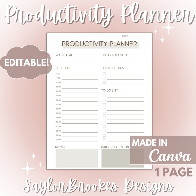 Editable Daily Productivity Planner Template Canva Printable Etsy