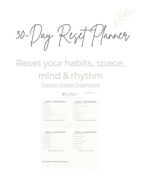 30 Day Reset Planner Printable | Weekly Habit Reset & Mindful Routine Guide | Minimal Wellness Reset PDF