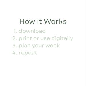 Puede incluir: Fondo blanco con el texto "How It Works" en fuente verde oscuro. Debajo, pasos numerados detallan el proceso: descargar, imprimir o usar digitalmente, planificar tu semana y repetir. El texto est&aacute; en una fuente simple y f&aacute;cil de leer.