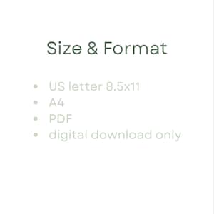 Puede incluir: Imagen con el texto "Size & Format". Debajo, vi&ntilde;etas enumeran las opciones de formato: US letter 8.5x11, A4, PDF y solo descarga digital. El texto es de color verde suave.