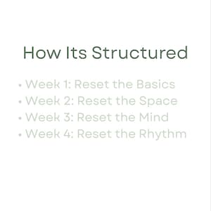Puede incluir: Fondo blanco con texto verde "How Its Structured". Debajo, cuatro vi&ntilde;etas enumeran temas semanales: Reset the Basics, Reset the Space, Reset the Mind y Reset the Rhythm.