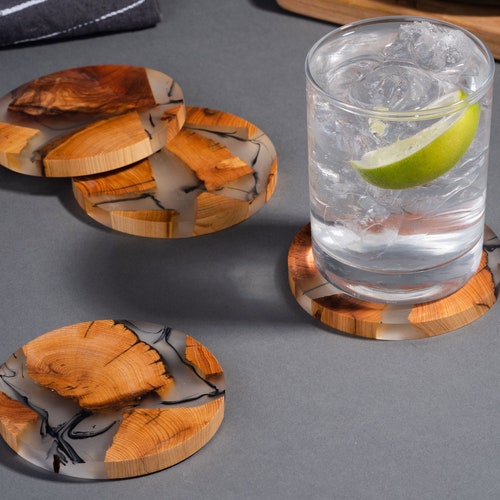Wood Epoxy Resin Drink Coasters Round Coasters Set of 6 Etsy