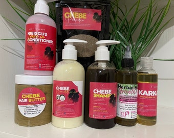 Chebe FullSet: Chebe Shampoo 250mls+Conditioner250mls +Chebe hair butter+CHebe powder+Karkar oil+Herbal hair growth oil+Leave in conditioner