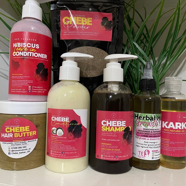 Ensemble complet Chebe : shampooing Chebe 250 ml + revitalisant 250 ml + beurre capillaire Chebe + poudre CHebe + huile de Karkar + huile de pousse des cheveux à base de plantes + après-shampoing sans rinçage