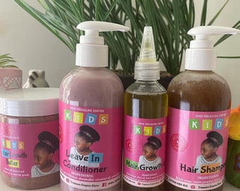 Set para el crecimiento del cabello para niños: Mantequilla para el crecimiento del cabello + Aceite para el crecimiento del cabello para niños + Champú con jabón negro y miel para niños + Acondicionador sin enjuague