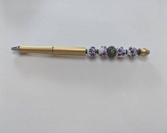 Beautiful Handmade Gold and Purple Beaded Pen