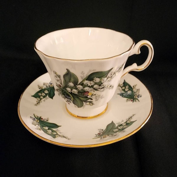 Royal Grafton Lily of the Valley Tea Cup Saucer White Gold Trim Bone China England