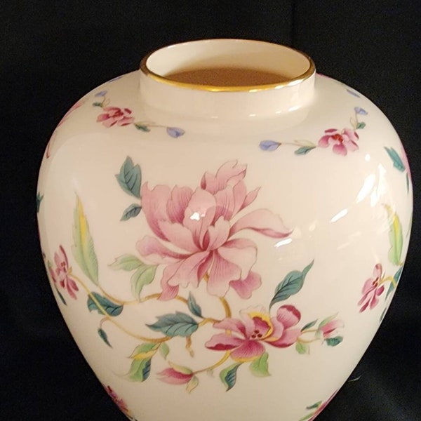 Lenox Barrington Collection Urn Tapered Vase Pink Floral Pattern 9 1/2" Gold Trim