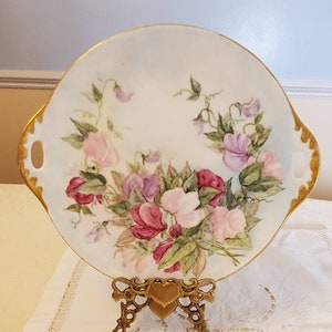 O & EG Royal Austria Cake Plate Hand Painted Pink Florals Gold Trim