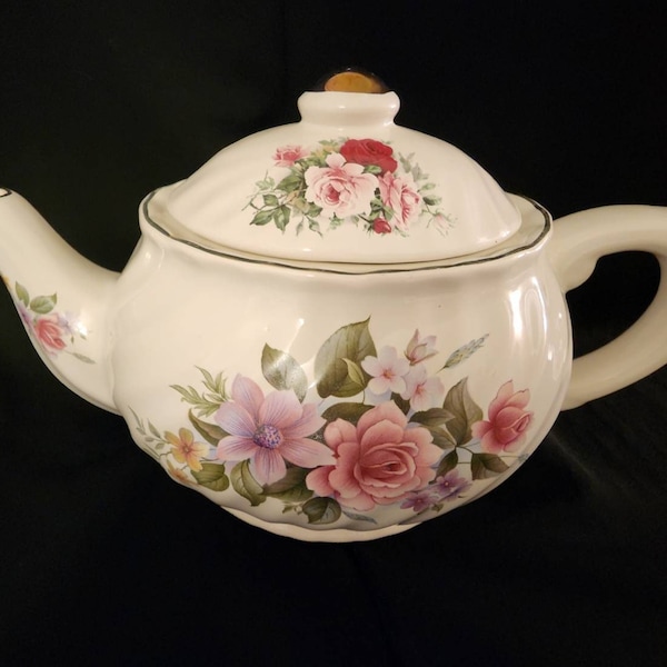 Caledonia Staffordshire Tea Pot White w? Gold Trim Pink Florals England