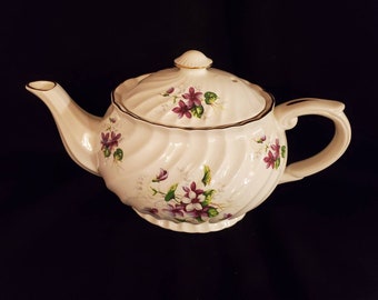 Royal Park Teapot Swirl White Purple Flowers Gold Trim Earthenware England