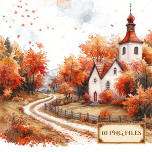 May include: A watercolor painting of a white church with a red roof and a tall steeple. The church is surrounded by trees with orange, red, and yellow leaves. A winding dirt road leads to the church. The text "10 PNG FILES" is in the lower right corner of the image.