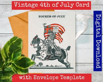 Horseman and Flag - Portrait Vintage 4th of July Greeting Card - Printable Independence Day Old Fashioned Postcard - C6 Envelope Template.