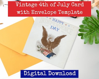 Eagle with Shield - Square Vintage 4th of July Greeting Card - Printable Independence Day Old Fashioned Postcard - 5.50” Envelope Template.