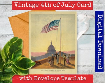 Capitol and Flag - Portrait Vintage 4th of July Greeting Card - Printable Independence Day Old Fashioned Postcard - C6 Envelope Template.