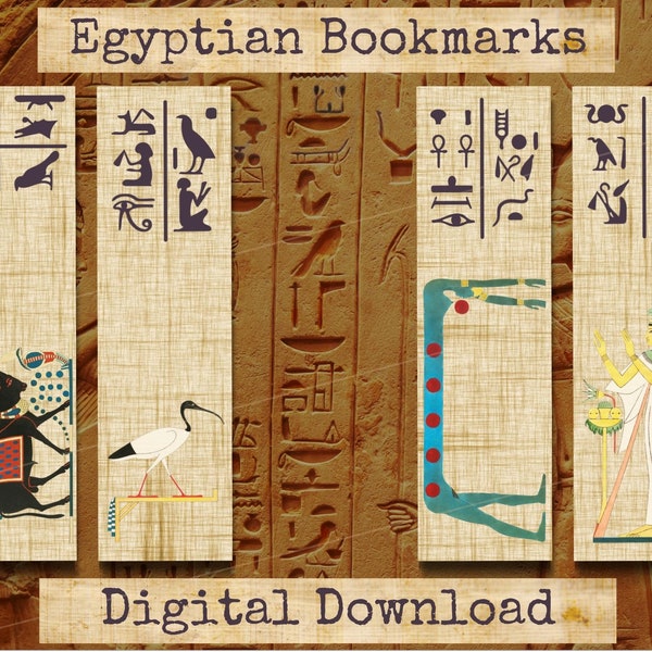 Egyptian hieroglyphs and art - 6 bookmarks on papyrus paper, instant download and printable. Unique gift for bookworm.