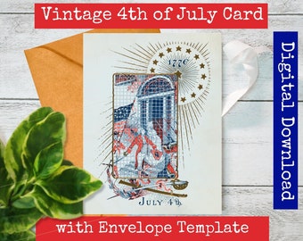 Soldier and Wife - Portrait Vintage 4th of July Greeting Card - Printable Independence Day Old Fashioned Postcard - C6 Envelope Template.