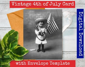 Little Girl & Flag - Portrait Vintage 4th of July Greeting Card - Printable Independence Day Old Fashioned Postcard - C6 Envelope Template.