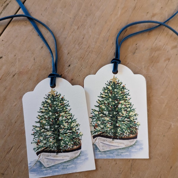 Christmas Tree in a Dinghy  CHRISTMAS & HOLIDAY gift tags Stonington Borough Christmas tree in a dingy