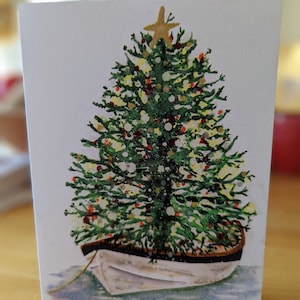 SINGLE NOTECARD 5x7       Coastal Holiday tree in dory dinghy in harbor