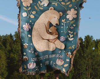 Mama Mom Blanket Gift, Mother's Day First New Mom from Kids Personalized Mama Bear Woven Throw Custom Birthday Unique Thoughtful Meaningful