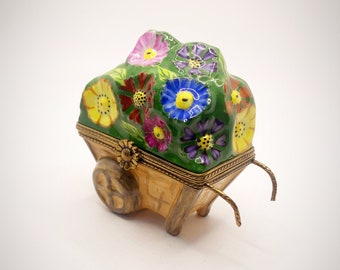 Wheelbarrow with Flowers Limoges Trinket Box