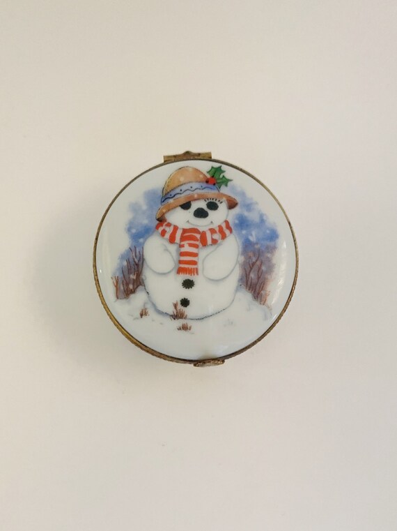 Limoges Trinket Box Snowman and Winter Scene Rochard Hand Painted Let