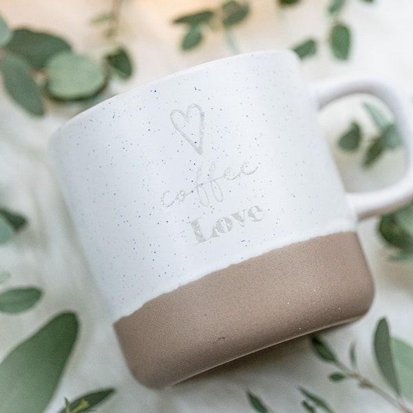 Earthenware cup made of ceramic with laser engraving Coffee LOVE heart or Morning Coffee 360ml