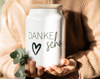 Keksdose Keramikdose "Dankeschön" 650ml mit Holzdeckel, Geschenk für Lehrerin, Kollegin, Freunde Mama