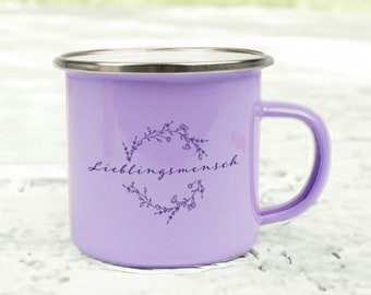 Emailletasse Lieblingsmensch, Tasse, Becher, Trinkbecher , Lila, Pastellfarben, Geschenk für Sie, Geschenkidee, Freundschaft