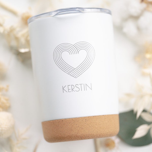 Doppelwandiger Edelstahl Becher weiß matt klein, Thermobecher mit Wunschnamen und Herz, Valentinstagsgeschenk