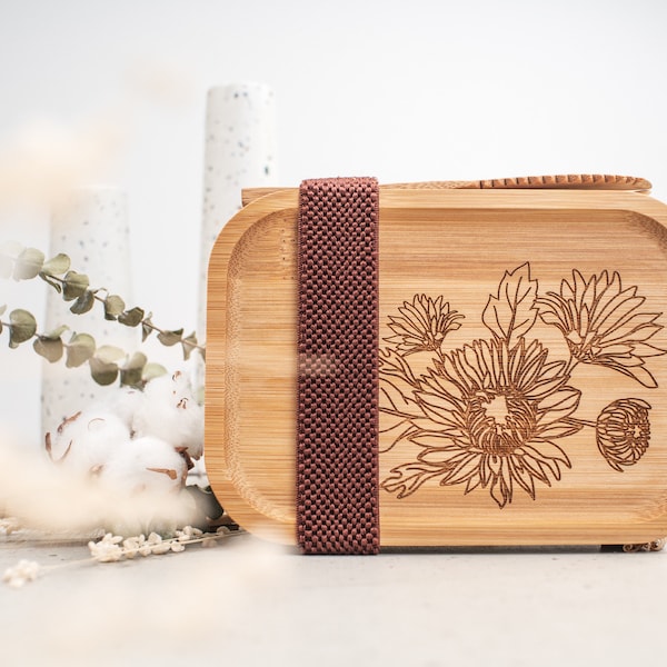 Brotdose | Lunchbox | Edelstahlbox mit Bambusdeckel, Gummiband, Besteck aus Bambus Floral, Blumenliebhaber, Florist, Blüten, Geschenk