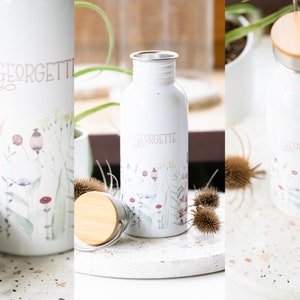 Stainless steel drinking bottle white with sublimation floral watercolor with desired name for schoolchild 2023 23