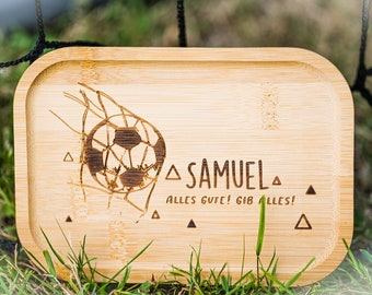 lunch box | Stainless steel box with bamboo lid, lunch box with desired name and football, school child 23, football fan WM EM