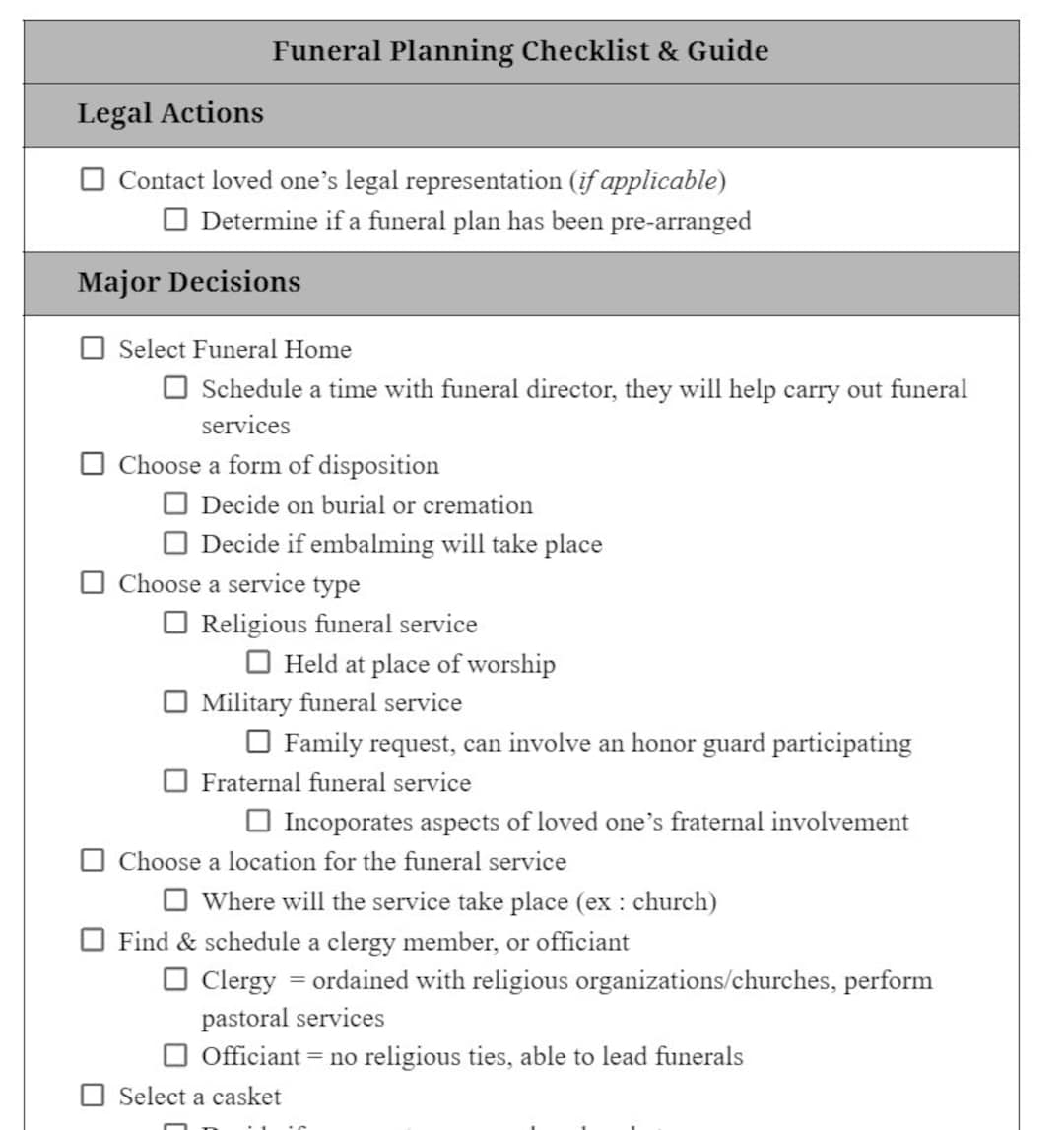 Funeral Planning Checklist bonus Cremation Comparison Chart Etsy