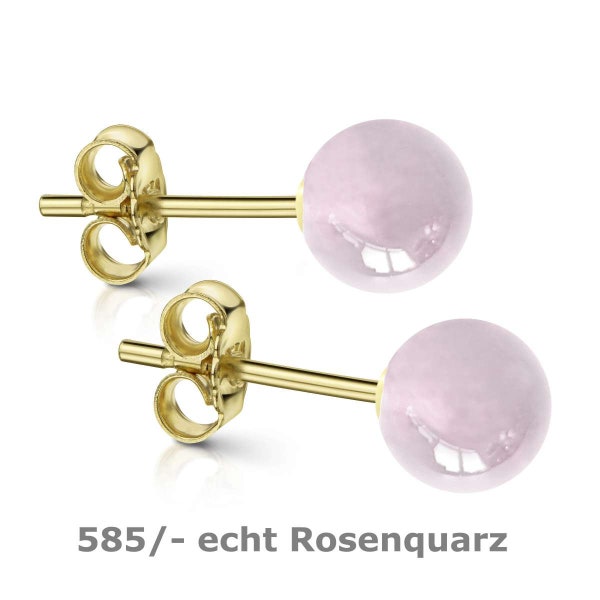 585 gold 14kt ear studs rose quartz ball 6.0 mm earrings 1 pair