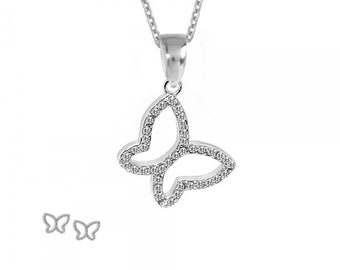 SET Schmetterling Ohrstecker Anhänger weiße Zirkonia 925 Silber Ketten 40 cm, 45 cm