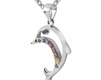 Delfin Anhänger mit Farbigen Zirkonia & Schlangenketten 925 Silber