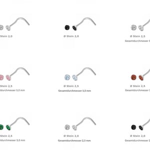 K&ouml;nnte beinhalten: Neun Nasenringe mit verschiedenen farbigen Strasssteinen. Die Ringe sind aus Silber und haben eine gebogene Form. Die Strasssteine haben einen Durchmesser von 2,0 mm oder 2,5 mm. Der Gesamtdurchmesser der Ringe betr&auml;gt 2,5 mm oder 3,0 mm.