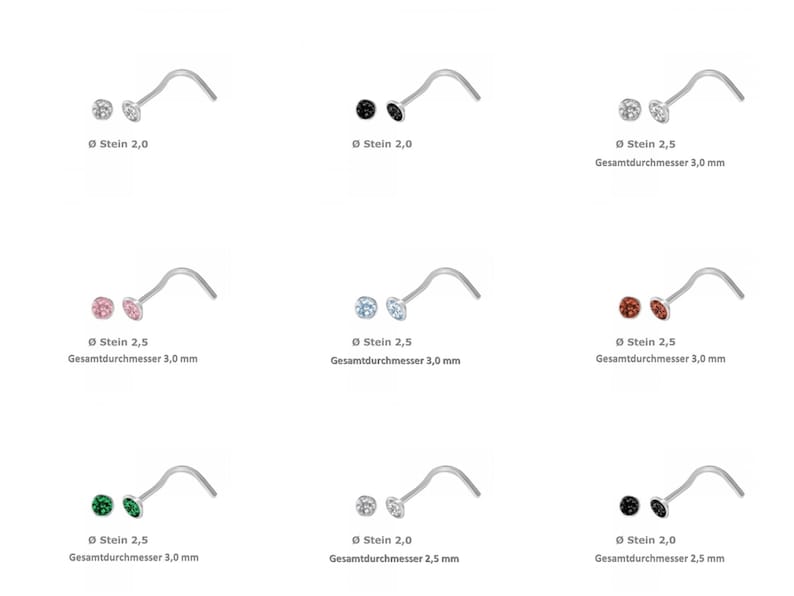 K&ouml;nnte beinhalten: Neun Nasenringe mit verschiedenen farbigen Strasssteinen. Die Ringe sind aus Silber und haben eine gebogene Form. Die Strasssteine haben einen Durchmesser von 2,0 mm oder 2,5 mm. Der Gesamtdurchmesser der Ringe betr&auml;gt 2,5 mm oder 3,0 mm.