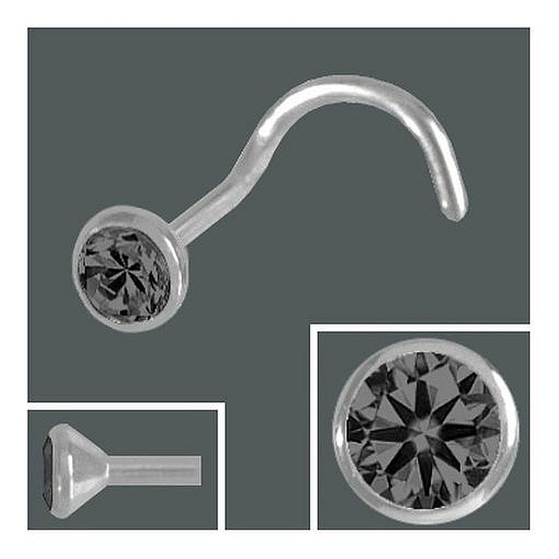 K&ouml;nnte beinhalten: Ein silberner Nasenring mit einem schwarzen Edelstein. Der Ring ist gebogen und hat einen kleinen, runden Edelstein.