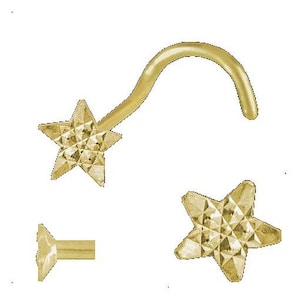 Gold 750 nose piercing, star 3.2 mm diamond-cut nose stud spiral nose