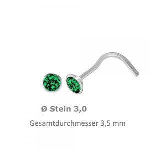 925 Silber Nasenpiercing 3,5 mm mit grünen Zirkonia Nasenstecker Spirale