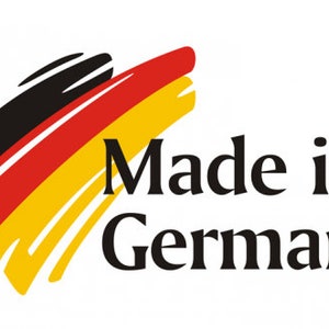 May include: A logo with the text "Made in Germany" in black. The design incorporates the colours of the German flag: black, red, and yellow, in a brushstroke style, set against a white background.