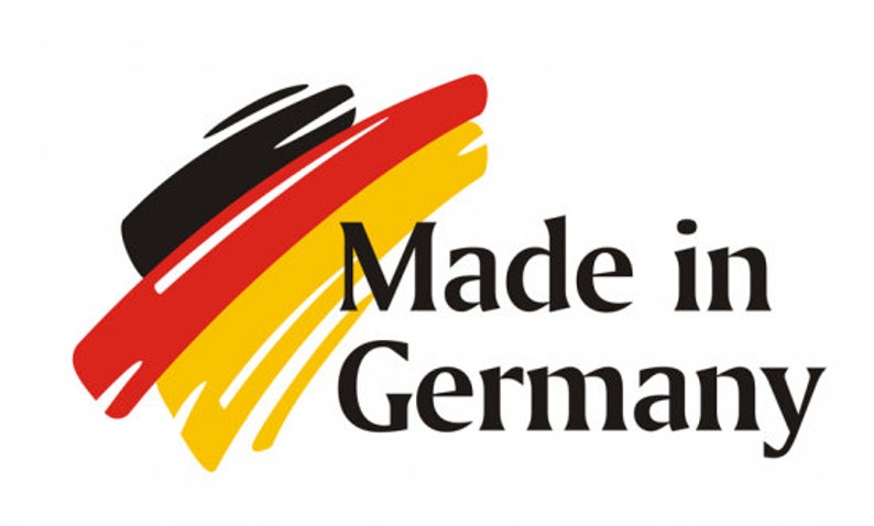 May include: A logo with the text "Made in Germany" in black. The design incorporates the colours of the German flag: black, red, and yellow, in a brushstroke style, set against a white background.