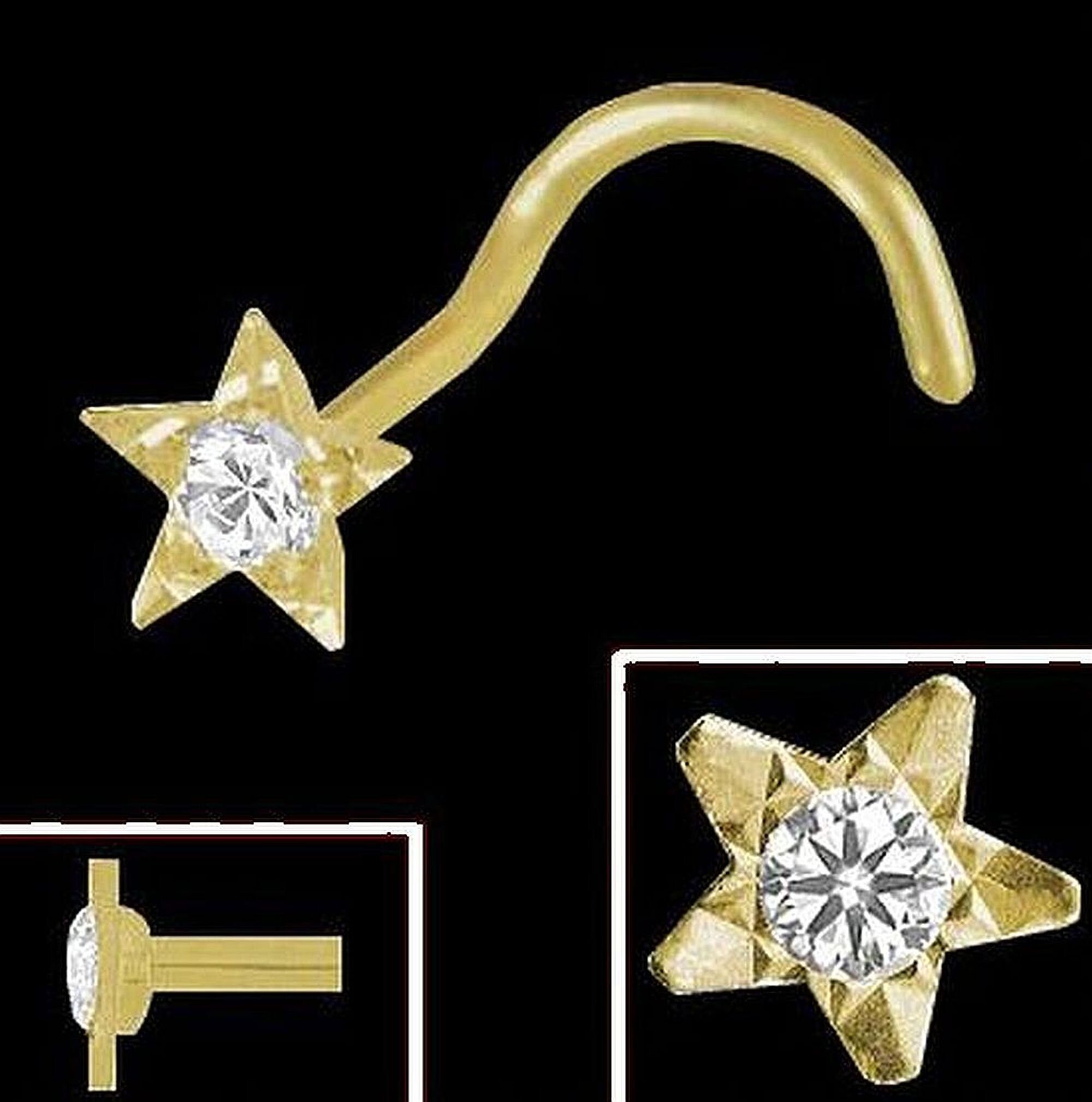750 Gold Nose Piercing Star 3.2 Mm With Cubic Nose Plug Spiral Etsy