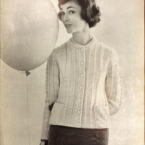 Cabled Cardigan – late 1950&#39;s knitting pattern for a cardigan with cables and pockets – Vintage Knitting Pattern PDF