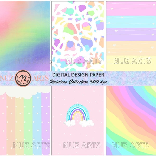 Pastell Regenbogen Digital Paper Pack, Pastell Digital Paper Pack, Regenbogen Muster, Hintergrundmuster, Scrapbook Papiere (Instant Download)