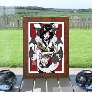 Art Print of a Kitsune, Japanese inspired illustration, nine tailed fox drawing, geisha aesthetic, Japanese aesthetic