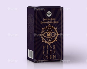 May include: A rectangular oracle deck box in dark purple with gold-colored graphics. The front features an eye within a geometric circle, runic symbols, and the text Into the Dark Demon Oracle Deck. A barcode is visible on the side panel.